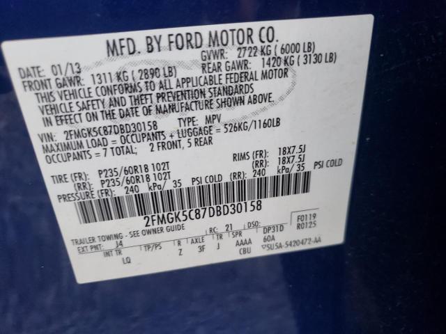 2FMGK5C87DBD30158 - 2013 FORD FLEX SEL BLUE photo 12