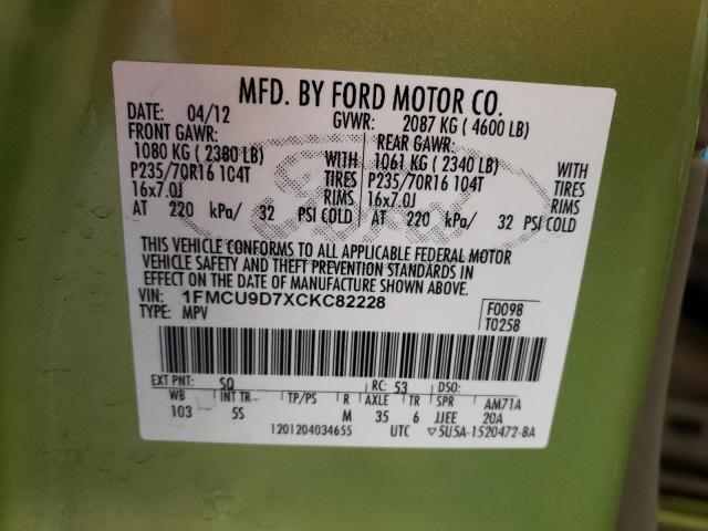 1FMCU9D7XCKC82228 - 2012 FORD ESCAPE XLT GREEN photo 13