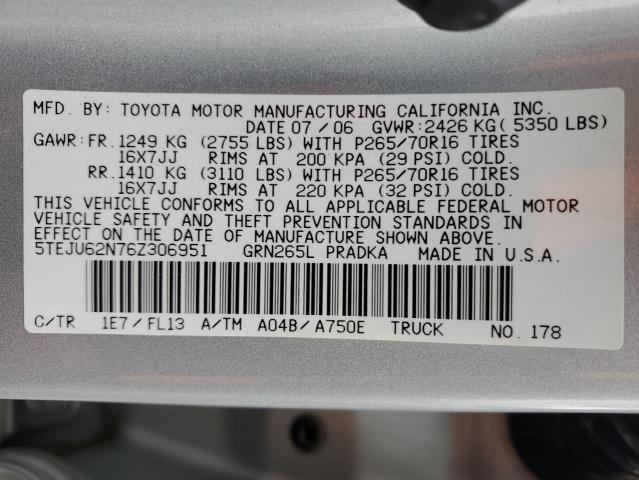 5TEJU62N76Z306951 - 2006 TOYOTA TACOMA DOUBLE CAB PRERUNNER SILVER photo 12