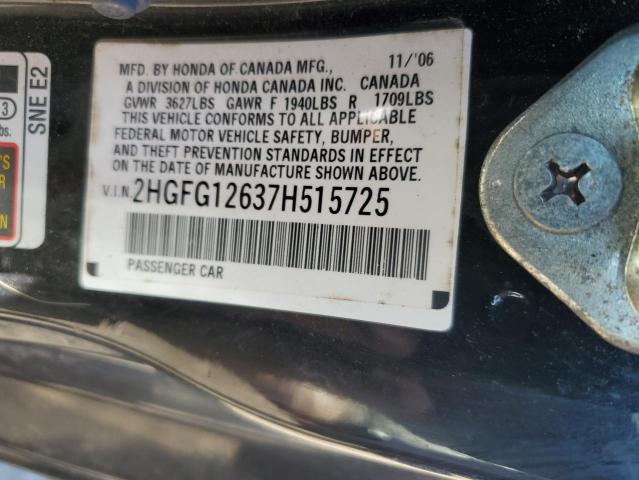 2HGFG12637H515725 - 2007 HONDA CIVIC LX BLACK photo 12