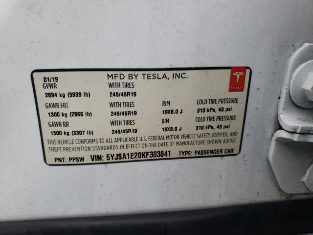 5YJSA1E20KF303841 - 2019 TESLA MODEL S თეთრი ფოტო 12
