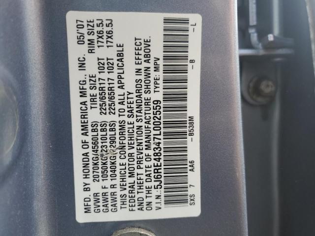 5J6RE48347L002559 - 2007 HONDA CR-V LX BLUE photo 12