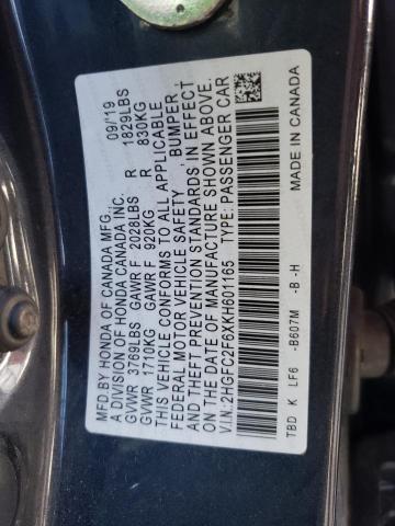 2HGFC2F6XKH601165 - 2019 HONDA CIVIC LX CHARCOAL photo 12