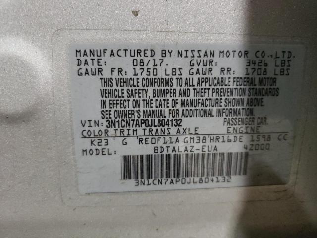 3N1CN7AP0JL804132 - 2018 NISSAN VERSA S SILVER photo 12