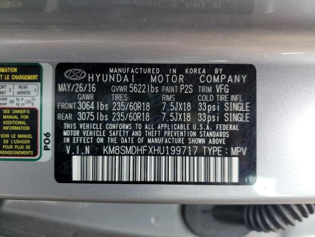 KM8SMDHFXHU199717 - 2017 HYUNDAI SANTA FE SE SILVER photo 13