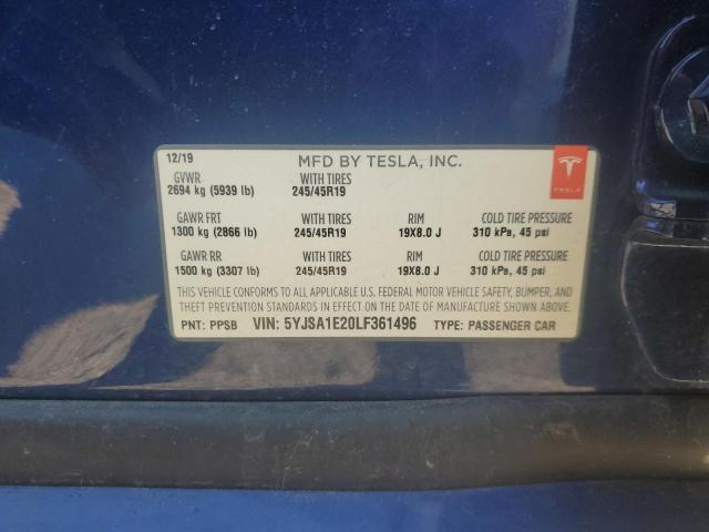5YJSA1E20LF361496 - 2020 TESLA MODEL S BLUE photo 12