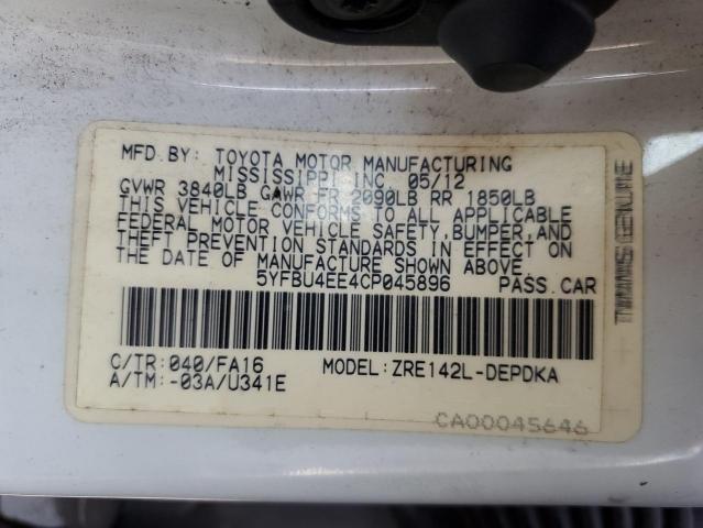 5YFBU4EE4CP045896 - 2012 TOYOTA COROLLA BASE WHITE photo 12