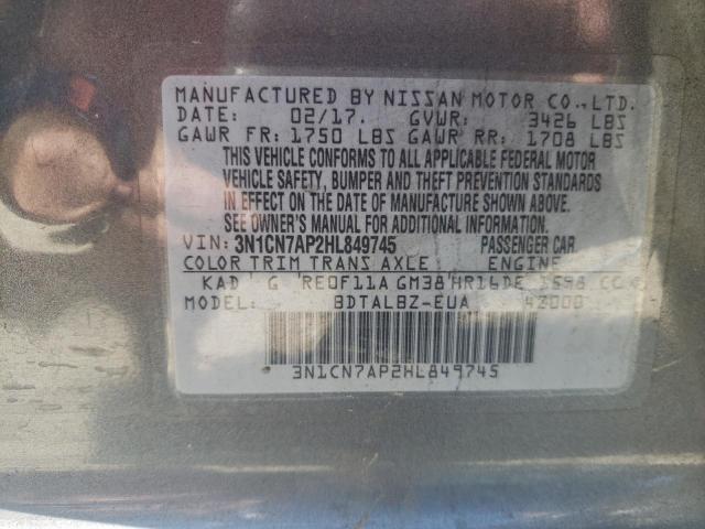 3N1CN7AP2HL849745 - 2017 NISSAN VERSA S SILVER photo 13