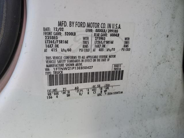 1FTNW21P13EB50427 - 2003 FORD F250 SUPER DUTY WHITE photo 12