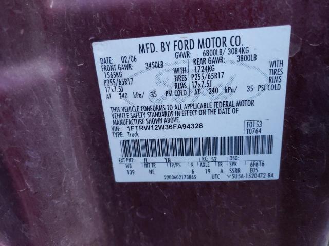 1FTRW12W36FA94328 - 2006 FORD F150 SUPERCREW BURGUNDY photo 12