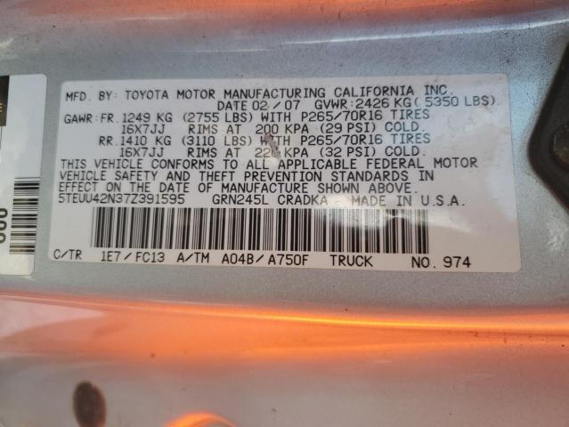 5TEUU42N37Z391595 - 2007 TOYOTA TACOMA ACCESS CAB ვერცხლისფერი ფოტო 12