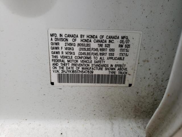 2HJYK16517H547639 - 2007 HONDA RIDGELINE RTL WHITE photo 12