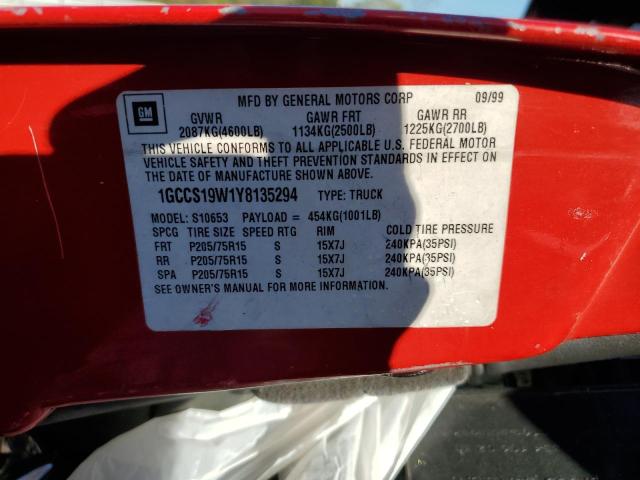 1GCCS19W1Y8135294 - 2000 CHEVROLET S TRUCK S10 RED photo 12