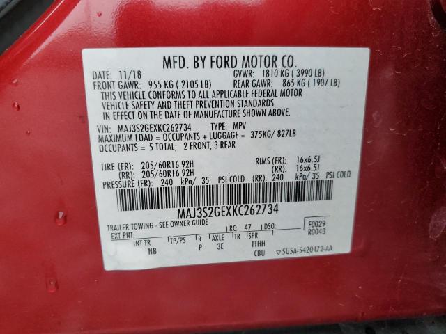 MAJ3S2GEXKC262734 - 2019 FORD ECOSPORT SE RED photo 12