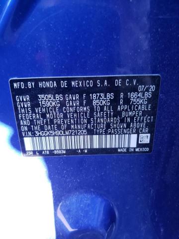 3HGGK5H90LM721205 - 2020 HONDA FIT EXL BLUE photo 12