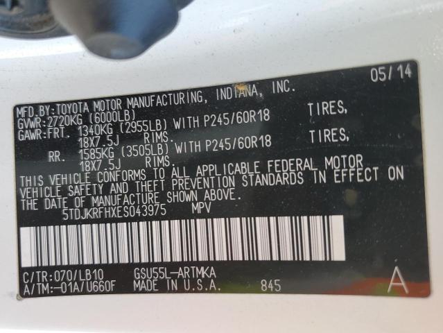 5TDJKRFHXES043975 - 2014 TOYOTA HIGHLANDER XLE Ağ foto 13