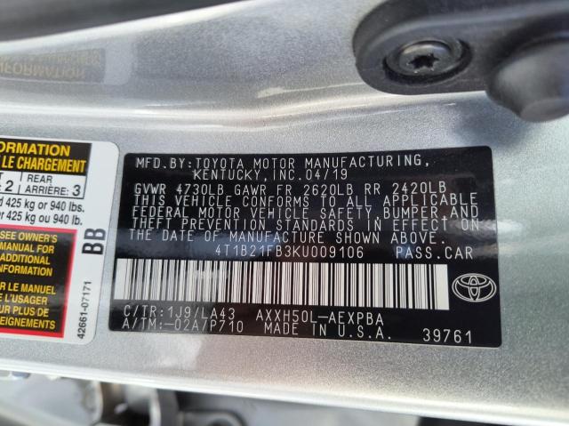 4T1B21FB3KU009106 - 2019 TOYOTA AVALON XLE SILVER photo 10