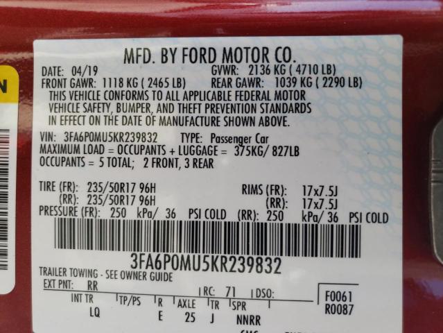 3FA6P0MU5KR239832 - 2019 FORD FUSION SEL RED photo 12