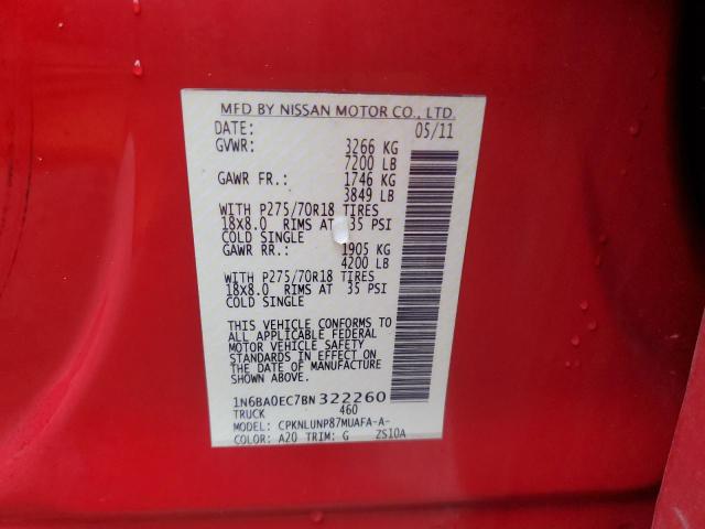 1N6BA0EC7BN322260 - 2011 NISSAN TITAN S RED photo 12