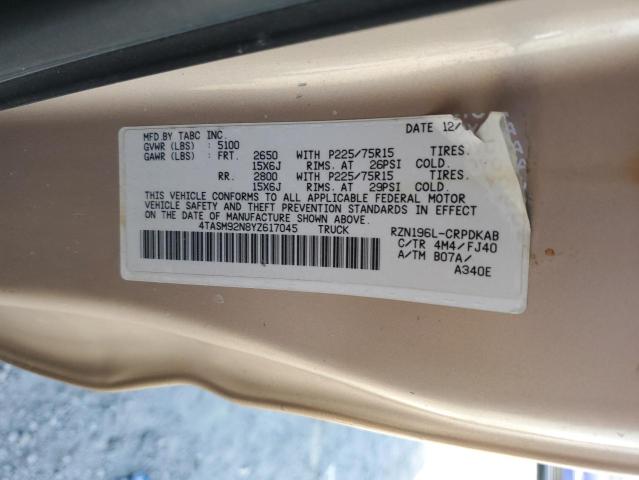 4TASM92N8YZ617045 - 2000 TOYOTA TACOMA XTRACAB PRERUNNER თაფლისფერი ფოტო 12