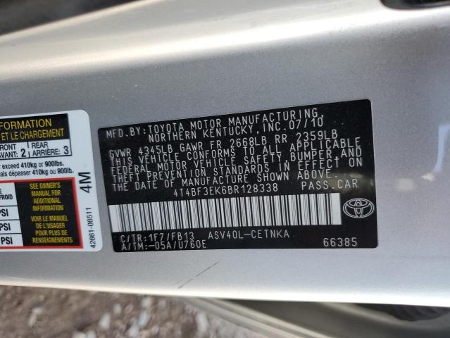 4T4BF3EK6BR128338 - 2011 TOYOTA CAMRY BASE SILVER photo 12