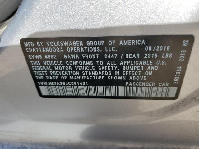 1VWJM7A36JC051431 - 2018 VOLKSWAGEN PASSAT GT SILVER photo 13