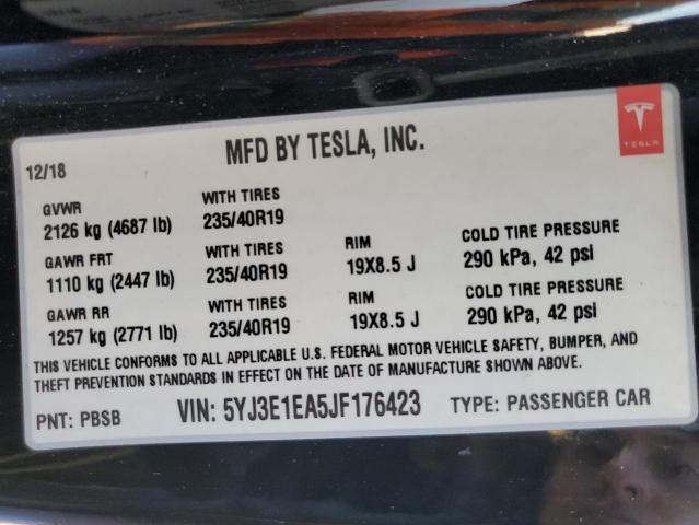 5YJ3E1EA5JF176423 - 2018 TESLA MODEL 3 BLACK photo 12