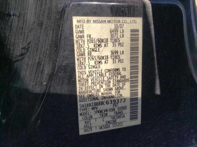 5N1BR18B88C639372 - 2008 NISSAN PATHFINDER LE BLACK photo 12