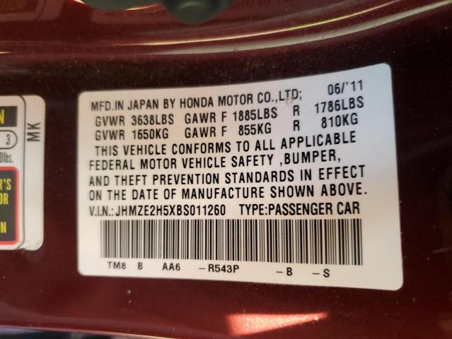 JHMZE2H5XBS011260 - 2011 HONDA INSIGHT LX BURGUNDY photo 12