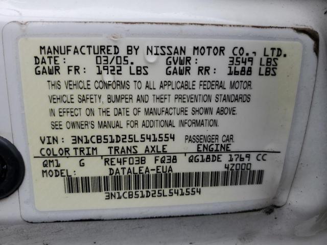 3N1CB51D25L541554 - 2005 NISSAN SENTRA 1.8 WHITE photo 12