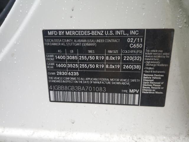 4JGBB8GB3BA701083 - 2011 MERCEDES-BENZ ML 350 4MATIC WHITE photo 12