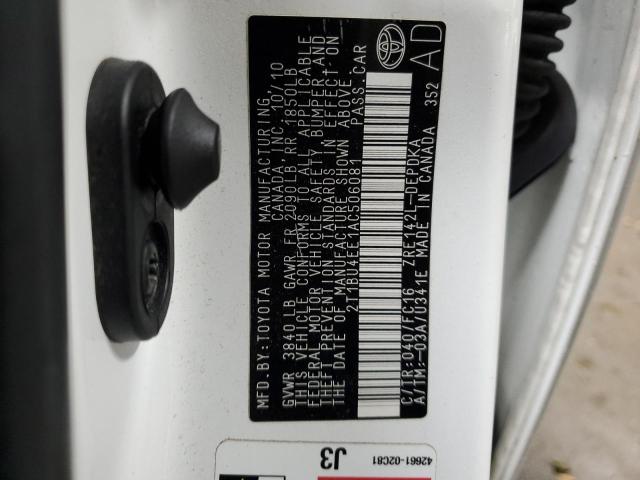 2T1BU4EE1AC506081 - 2010 TOYOTA COROLLA BASE WHITE photo 12