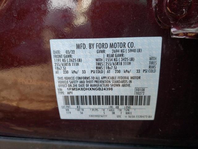 1FMSK8DHXNGB24398 - 2022 FORD EXPLORER XLT BURGUNDY photo 13