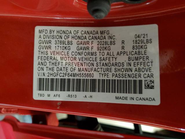 2HGFC2F64MH555660 - 2021 HONDA CIVIC LX RED photo 13