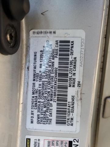 2T1BR32EX4C244002 - 2004 TOYOTA COROLLA CE SILVER photo 12