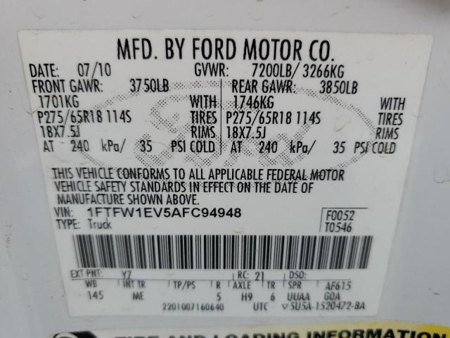 1FTFW1EV5AFC94948 - 2010 FORD F150 SUPERCREW WHITE photo 12