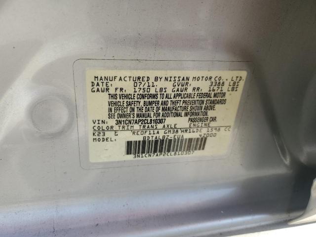 3N1CN7AP2CL810307 - 2012 NISSAN VERSA S SILVER photo 13