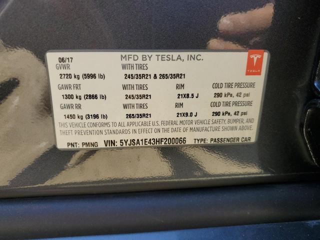 5YJSA1E43HF200066 - 2017 TESLA MODEL S CHARCOAL photo 12