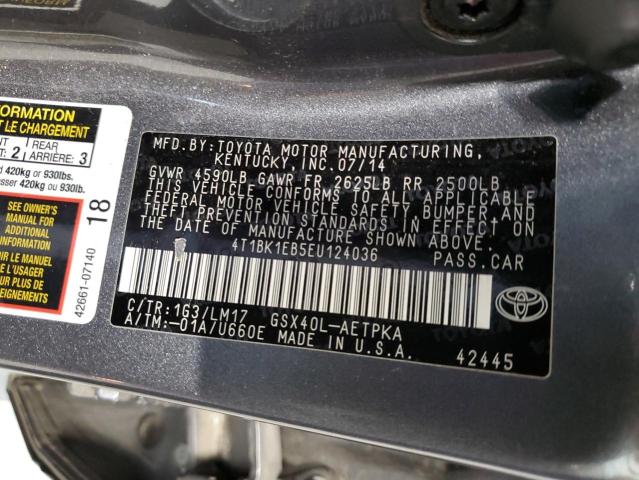 4T1BK1EB5EU124036 - 2014 TOYOTA AVALON BASE 灰色 照片 12