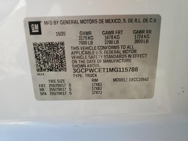 3GCPWCET1MG115788 - 2021 CHEVROLET SILVERADO C1500 LT WHITE photo 12