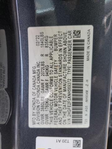 2HGFE2F5XNH569372 - 2022 HONDA CIVIC SPORT 灰色 照片 12