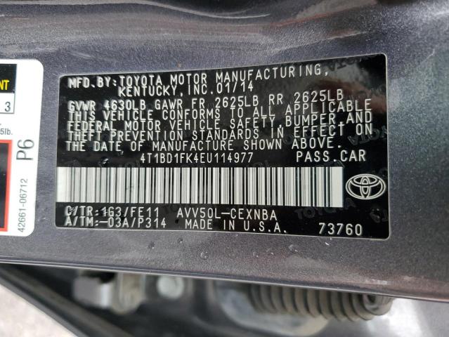 4T1BD1FK4EU114977 - 2014 TOYOTA CAMRY HYBRID GRAY photo 12