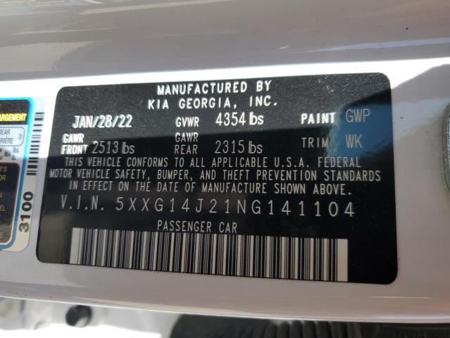 5XXG14J21NG141104 - 2022 KIA K5 LXS WHITE photo 12