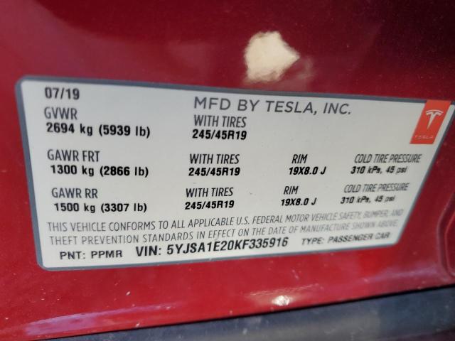5YJSA1E20KF335916 - 2019 TESLA MODEL S Կարմիր լուսանկար 13