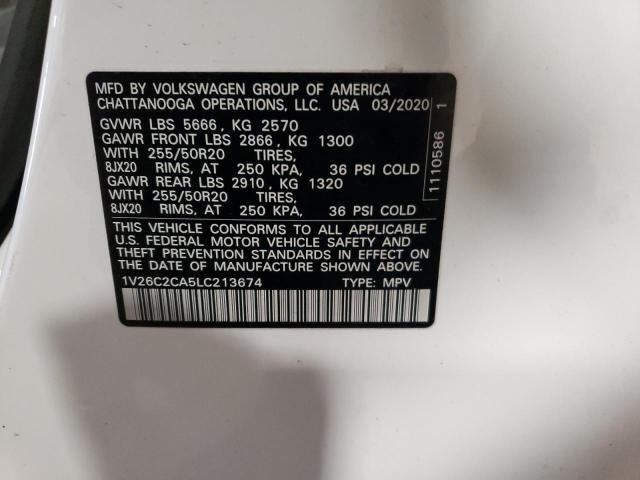 1V26C2CA5LC213674 - 2020 VOLKSWAGEN ATLAS CROS SE Белый фото 13