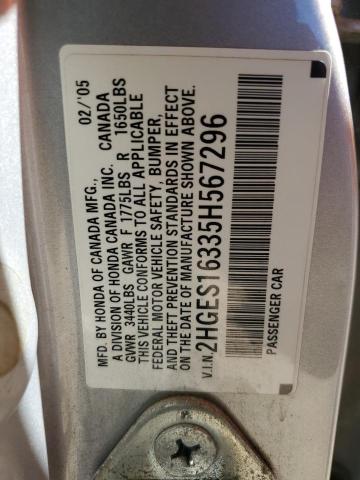 2HGES16335H567296 - 2005 HONDA CIVIC DX VP SILVER photo 12