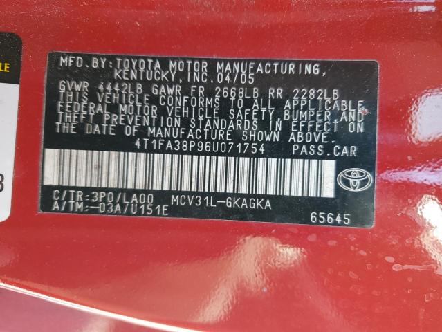 4T1FA38P96U071754 - 2006 TOYOTA CAMRY SOLA SE RED photo 12