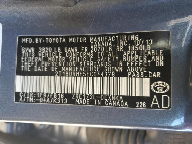 2T1BURHE5EC044378 - 2014 TOYOTA COROLLA L GRAY photo 12