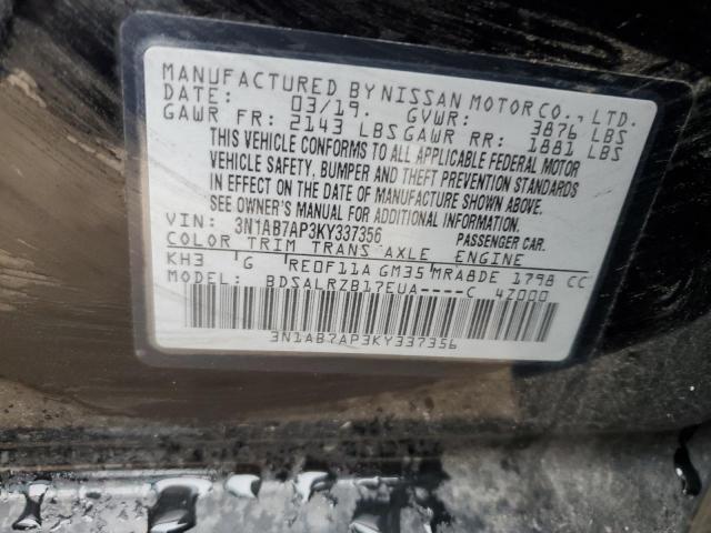 3N1AB7AP3KY337356 - 2019 NISSAN SENTRA S BLACK photo 12