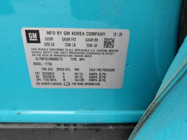 KL79MTSLXMB080175 - 2021 CHEVROLET TRAILBLAZE RS TURQUOISE photo 13